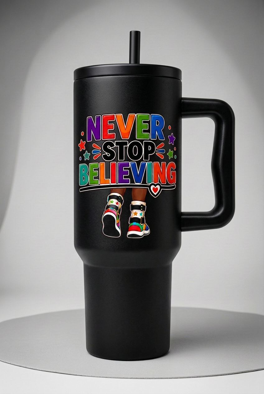 Black tumbler with colourful Never Stop Believing artwork