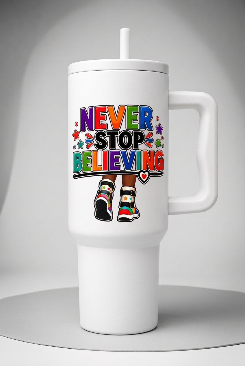 White tumbler with the colourful design preserved